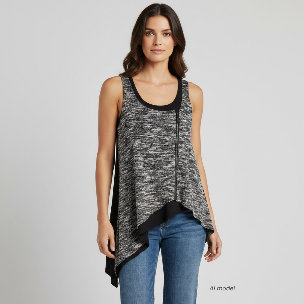 Sympli Shirt Women 8 Black Mixed Media Tweed Slant Hem Zip Front Lux Art to Wear